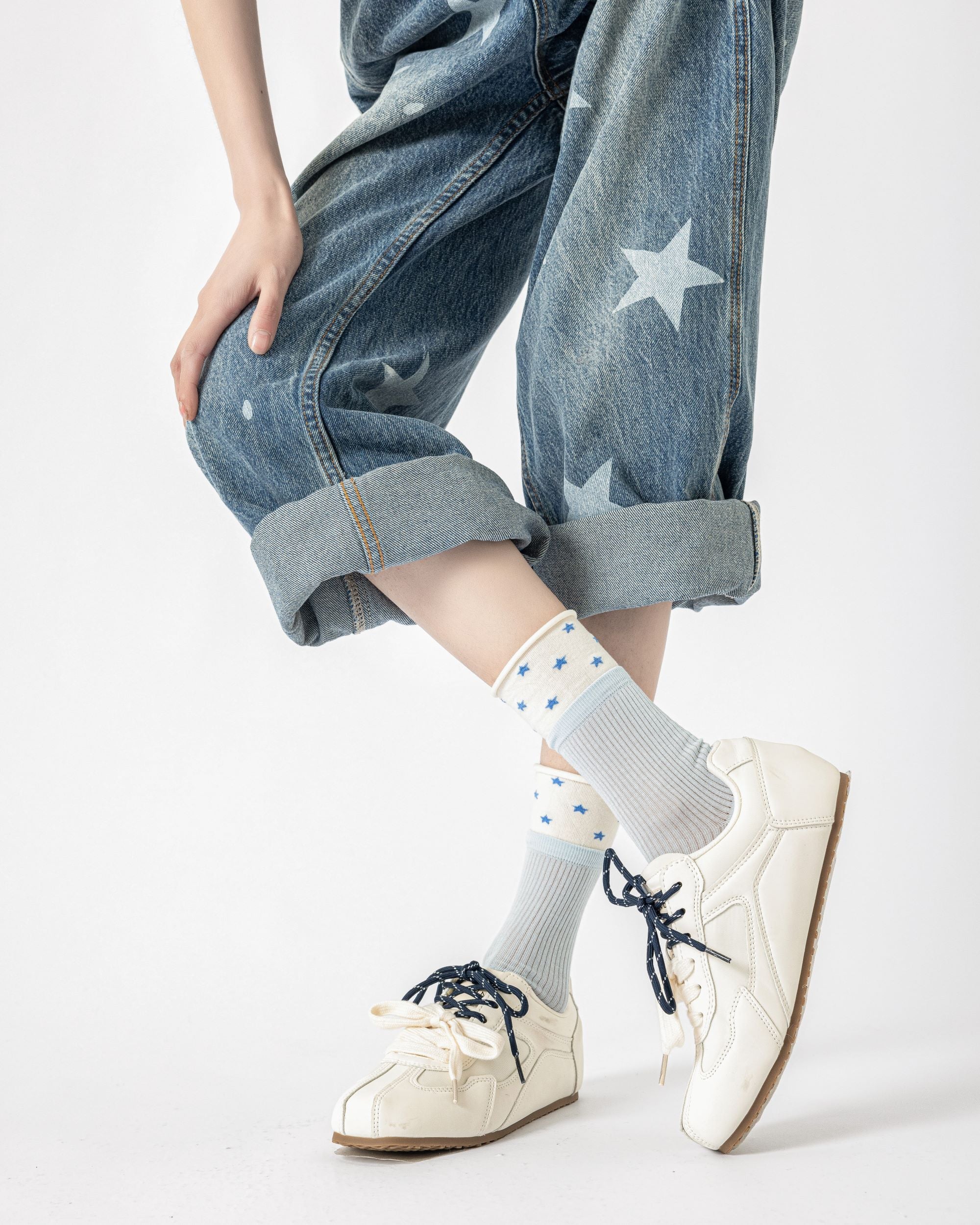 Womens Crew Socks Layered Rib Star Mesh Cute Sheer Socks - SWEET NANA