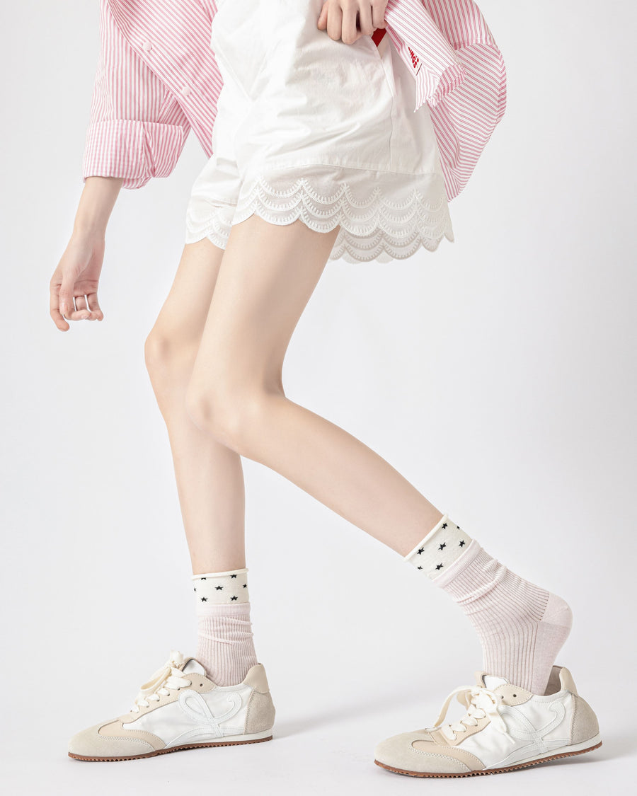 Womens Crew Socks Layered Rib Star Mesh Cute Sheer Socks - SWEET NANA