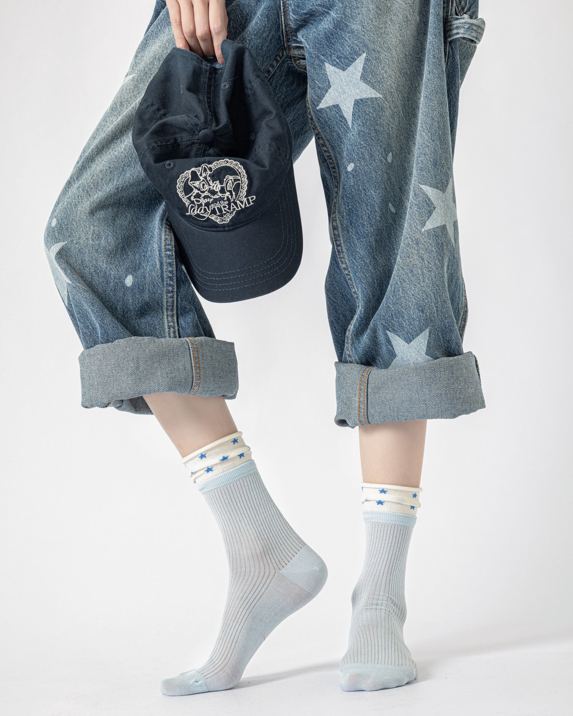 Womens Crew Socks Layered Rib Star Mesh Cute Sheer Socks - SWEET NANA