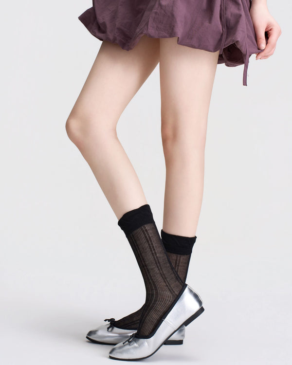 Womens Crew Socks Lyocell Mulberry Silk Sheer Vertical Stripe Breathable