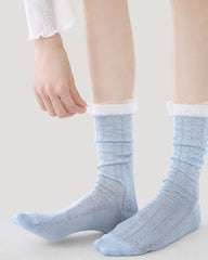 Womens Crew Socks Pastel Pink Blue Ruffle Ribbed Slouchy Everyday
