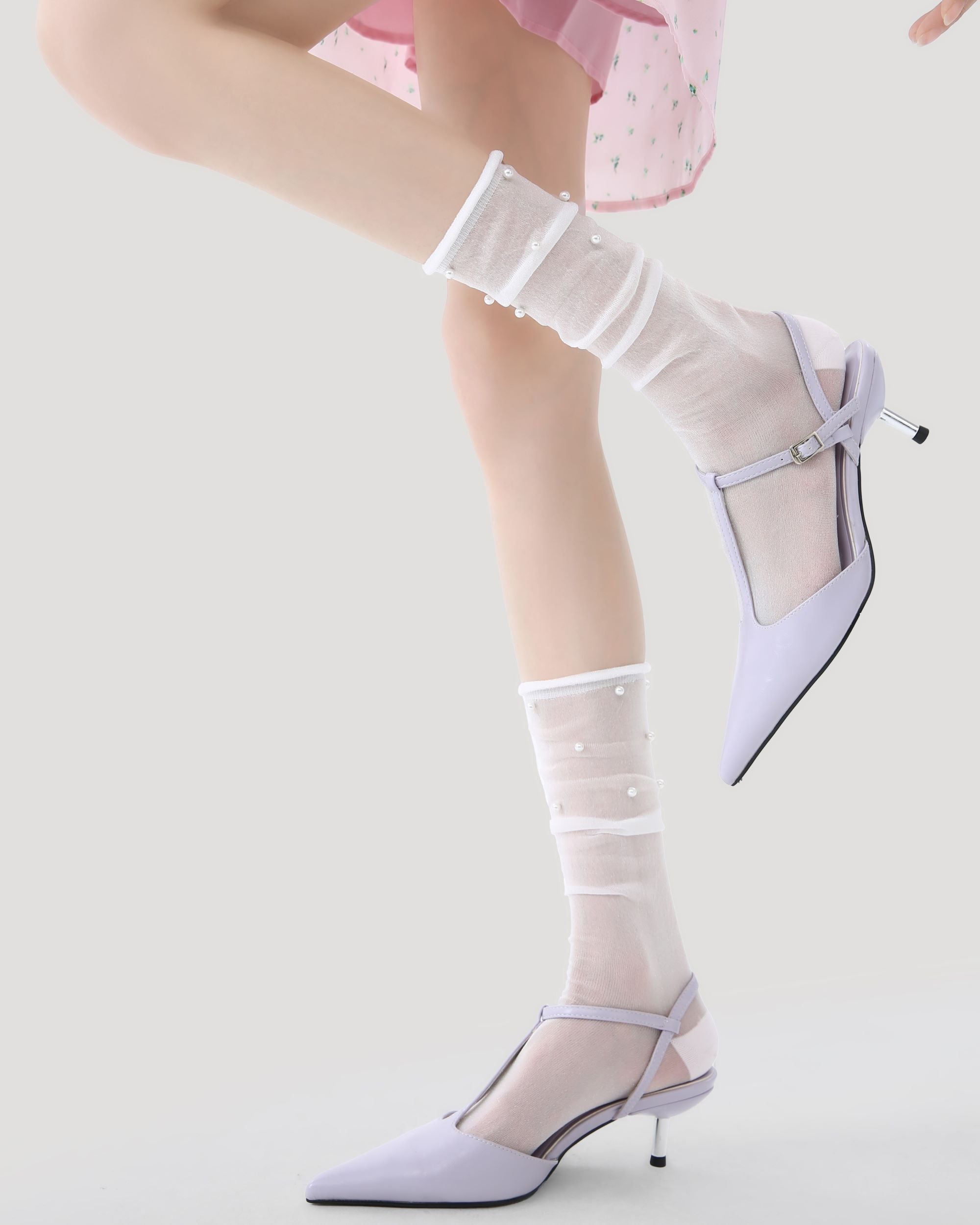 Womens Crew Socks Pearl Decor Ruffle Cuff Slouchy Sheer Everyday Main image