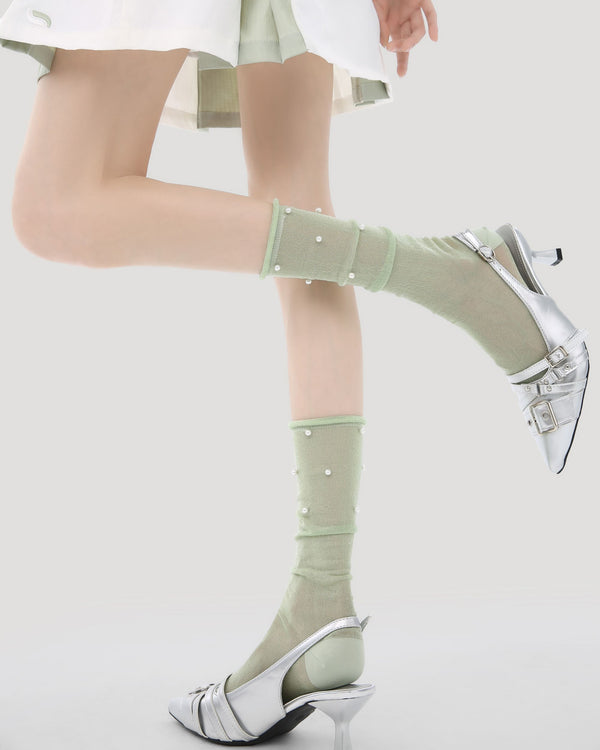 Womens Crew Socks Pearl Decor Ruffle Cuff Slouchy Sheer Everyday