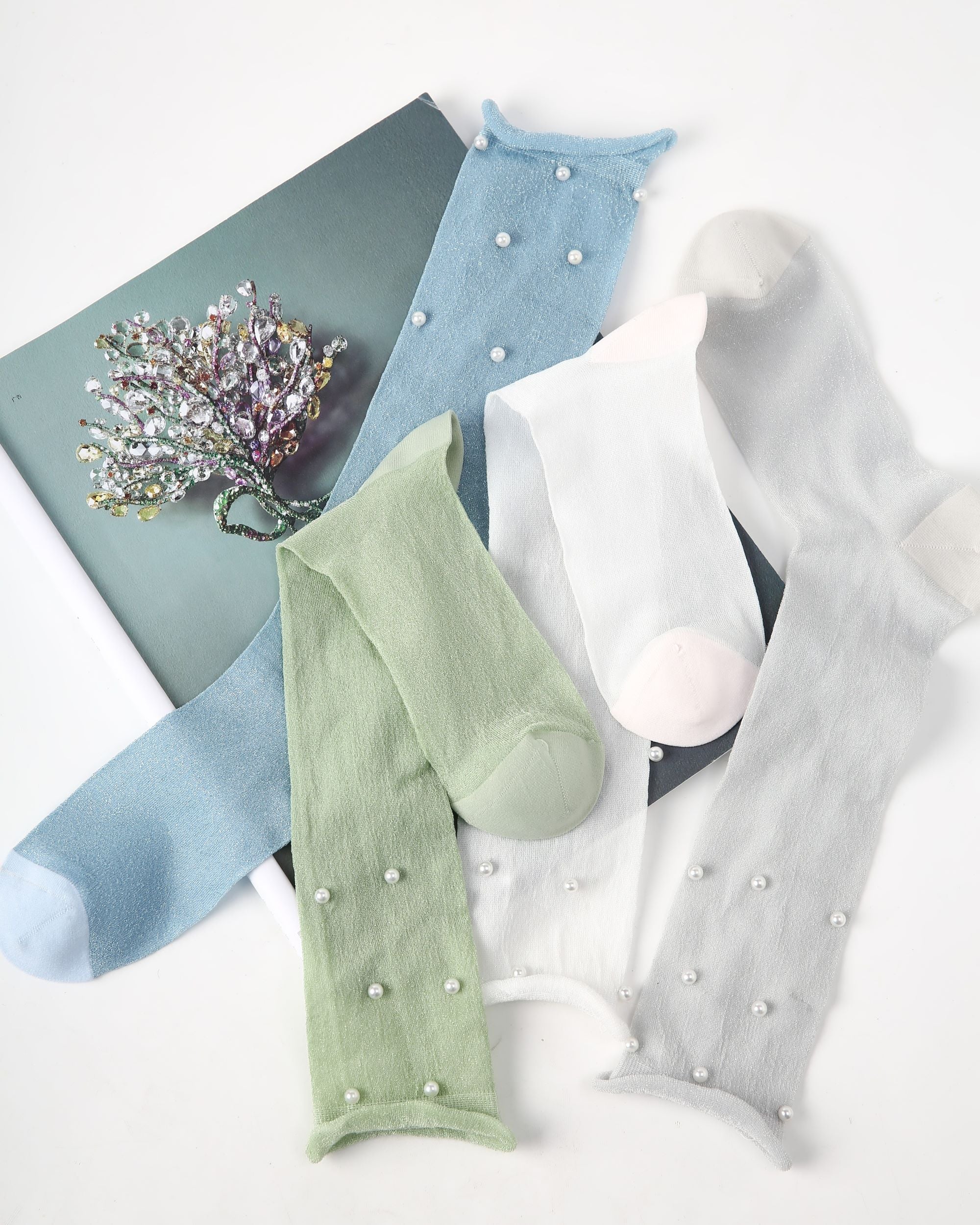 Womens Crew Socks Pearl Decor Ruffle Cuff Slouchy Sheer Everyday