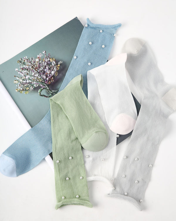 Womens Crew Socks Pearl Decor Ruffle Cuff Slouchy Sheer Everyday
