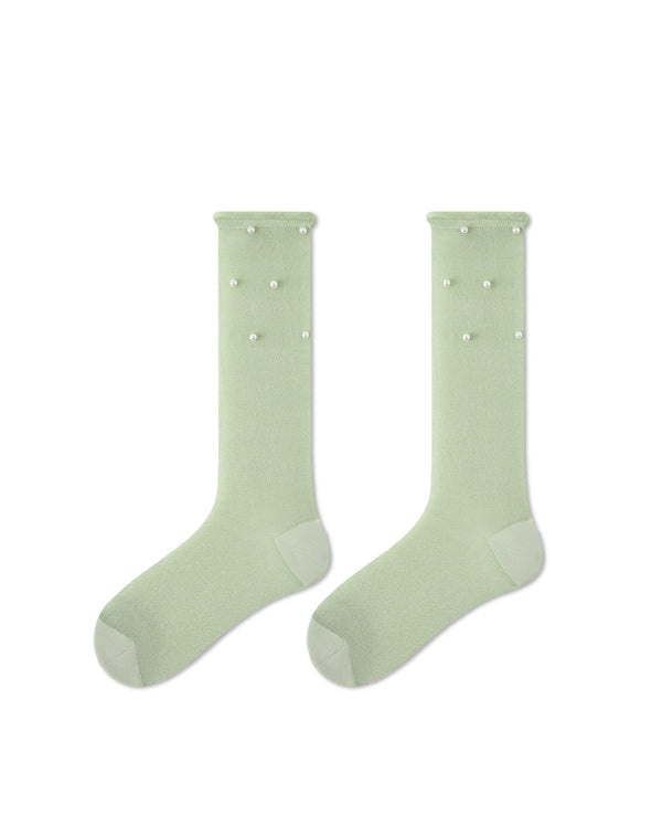 Womens Crew Socks Pearl Decor Ruffle Cuff Slouchy Sheer Everyday