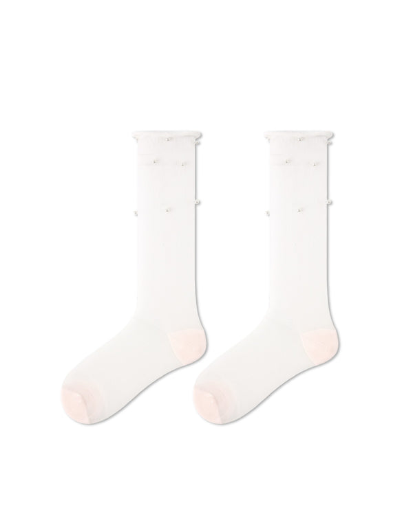 Womens Crew Socks Pearl Decor Ruffle Cuff Slouchy Sheer Everyday