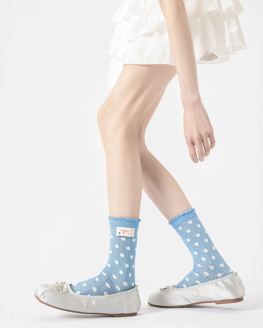 Womens Crew Socks Polka Dot Lace Trim Casual Everyday Sheer Socks - SWEET NANA
