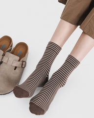 Womens Crew Socks Retro Tone Stripe Ribbed Casual Socks