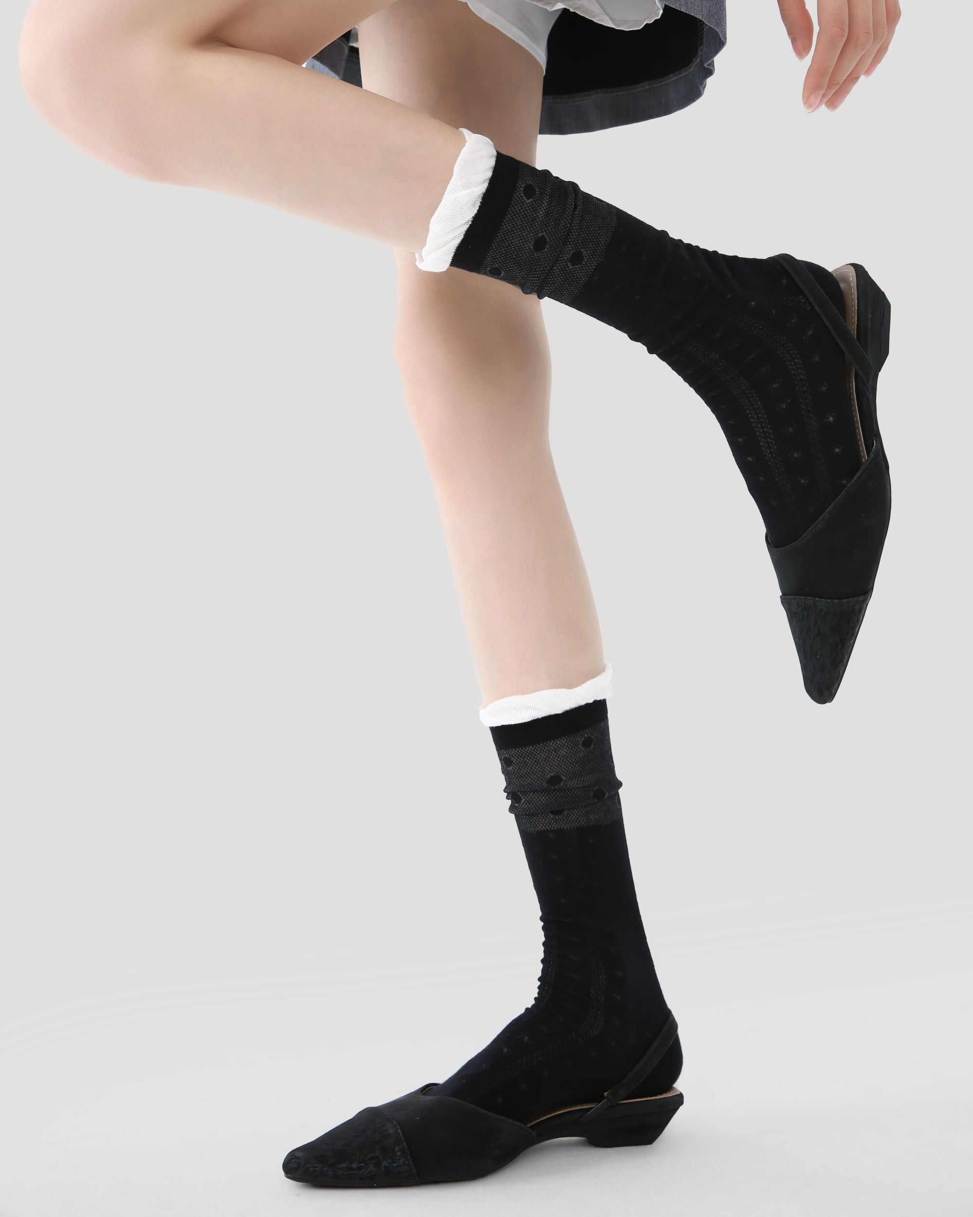 Womens Crew Socks Ruffle Cuff Polka Dot Slouchy Black Combed Cotton Main image