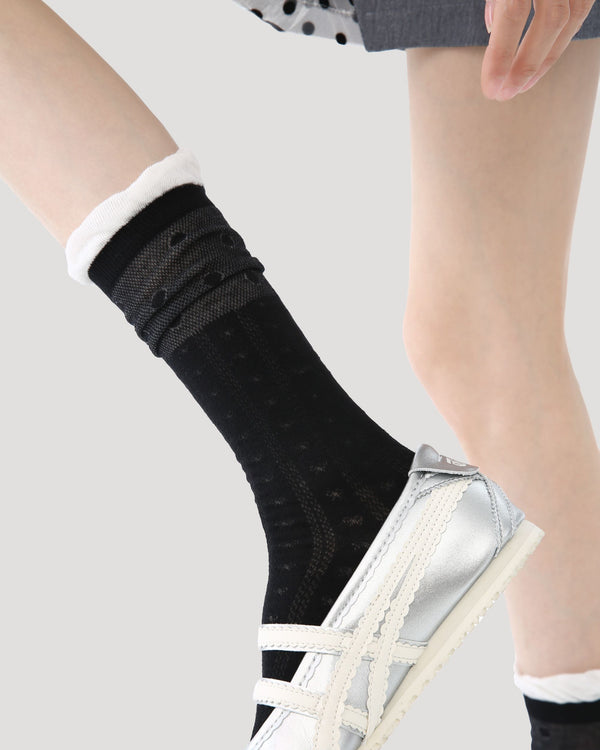 Womens Crew Socks Ruffle Cuff Polka Dot Slouchy Black Combed Cotton
