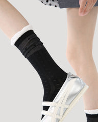 Womens Crew Socks Ruffle Cuff Polka Dot Slouchy Black Combed Cotton