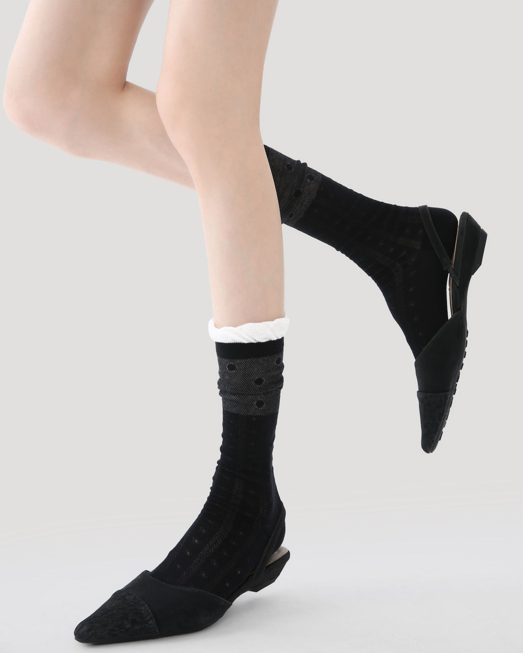Womens Crew Socks Ruffle Cuff Polka Dot Slouchy Black Combed Cotton