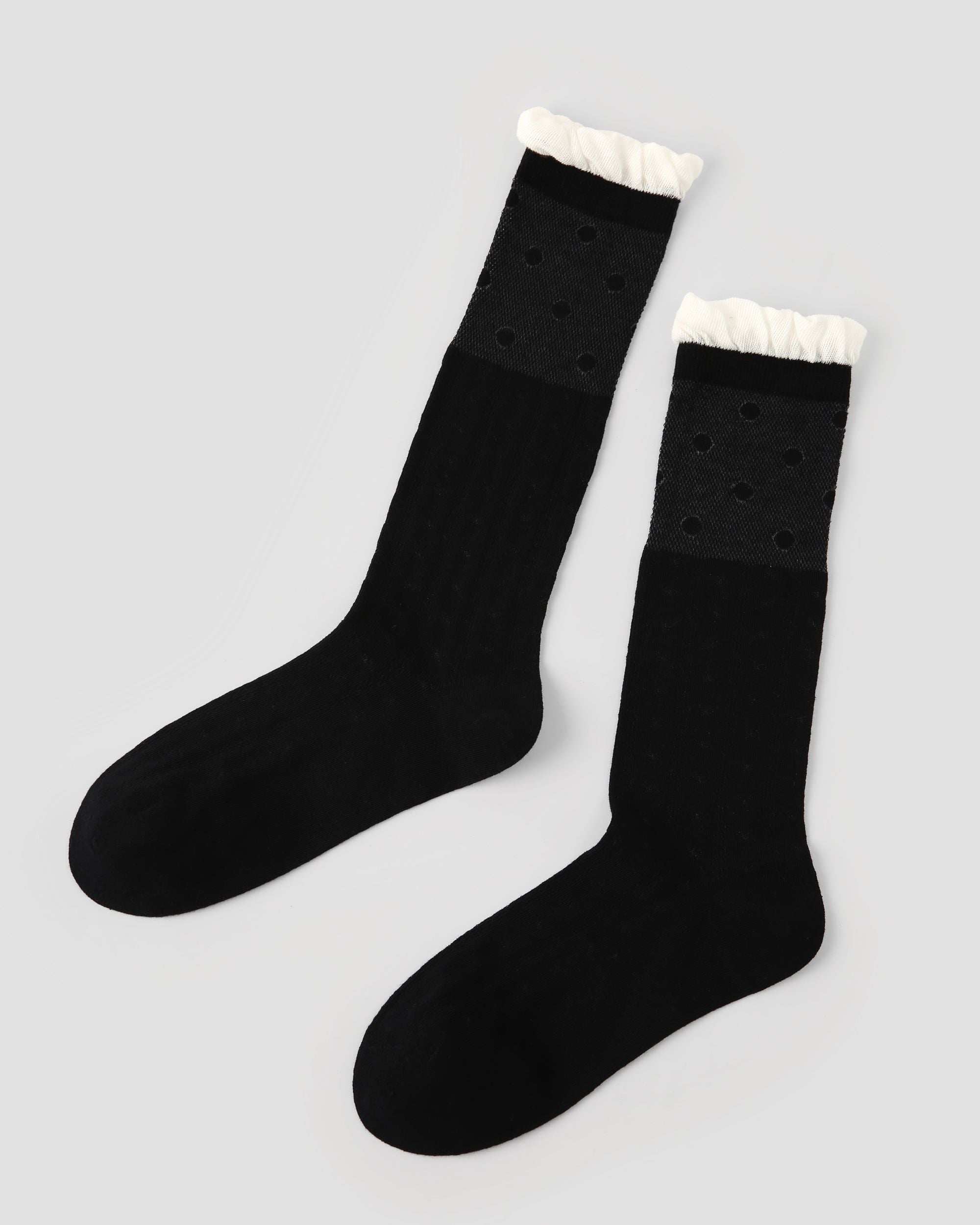 Womens Crew Socks Ruffle Cuff Polka Dot Slouchy Black Combed Cotton