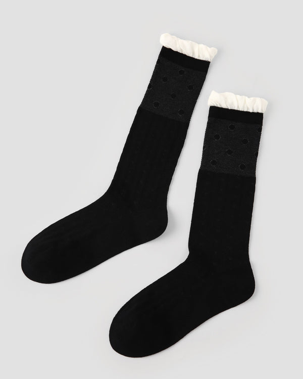 Womens Crew Socks Ruffle Cuff Polka Dot Slouchy Black Combed Cotton