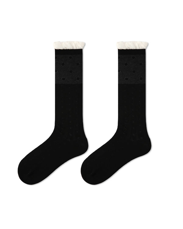 Womens Crew Socks Ruffle Cuff Polka Dot Slouchy Black Combed Cotton