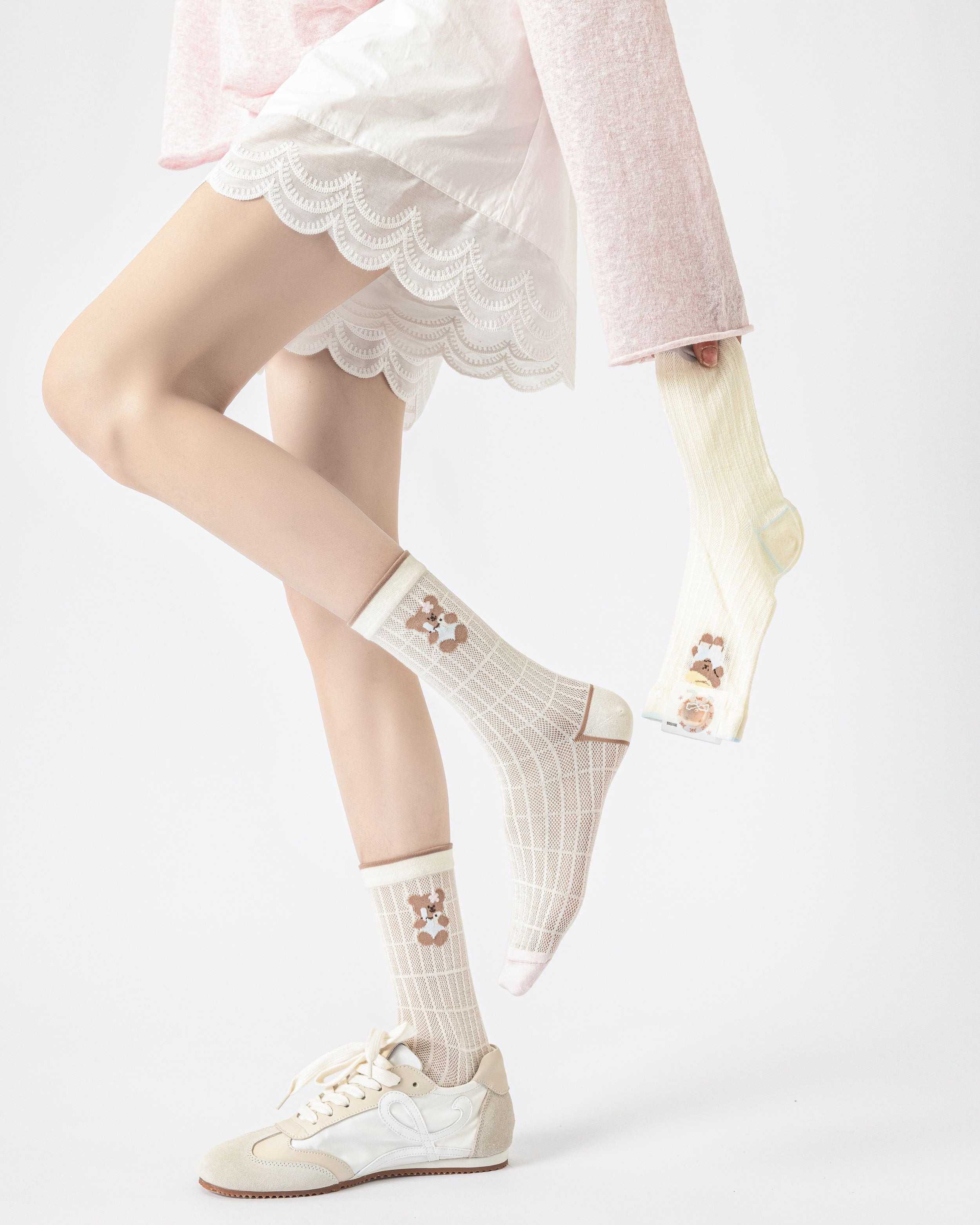 Womens クルーソックス 夏用 くま柄 軽量 カジュアル シアーソックス - SWEET NANA メイン画像