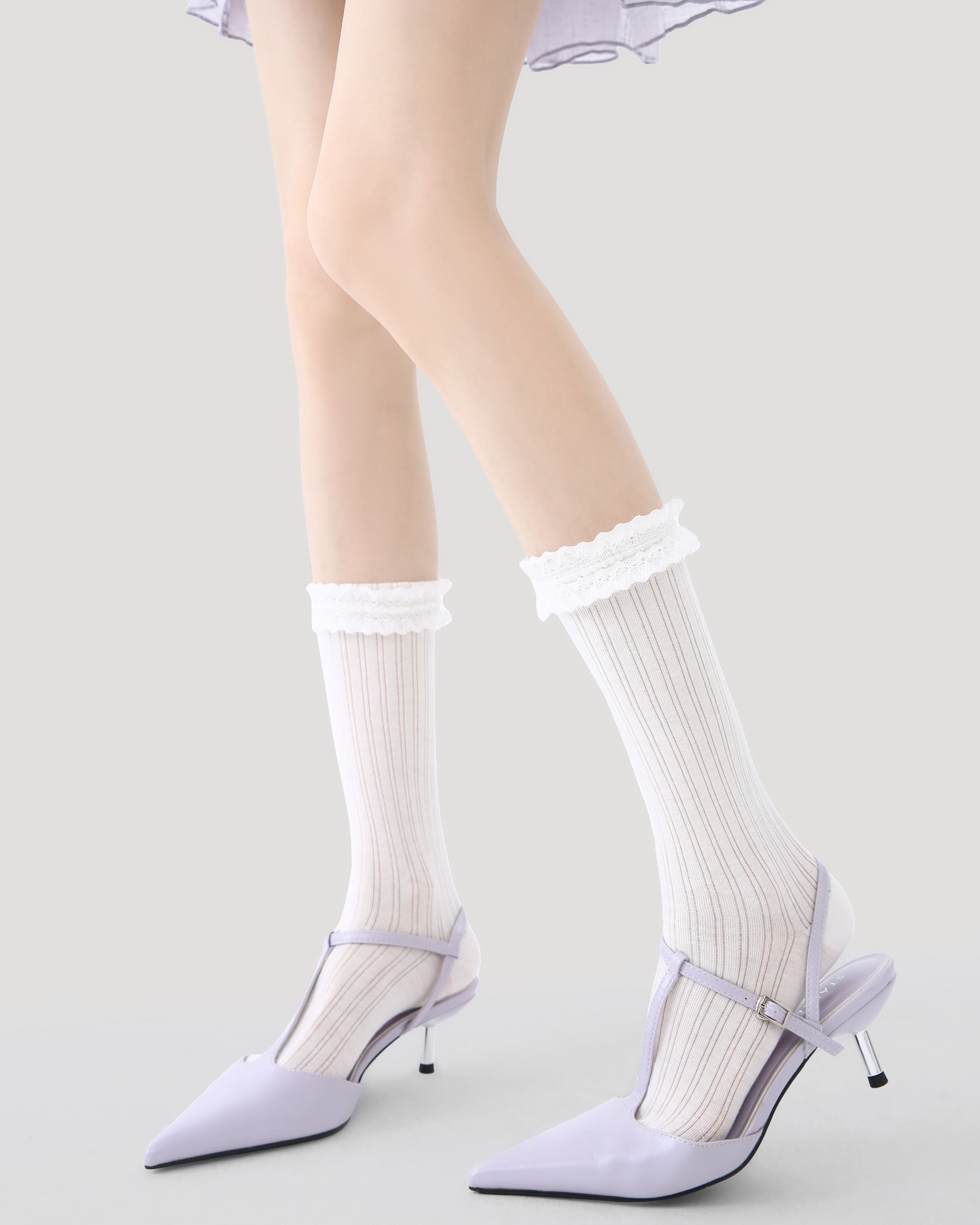 Womens Crew Socks White Lace Ruffle Mesh Ribbed Everyday Combed Cotton Main image