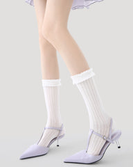 Womens Crew Socks White Lace Ruffle Mesh Ribbed Everyday Combed Cotton