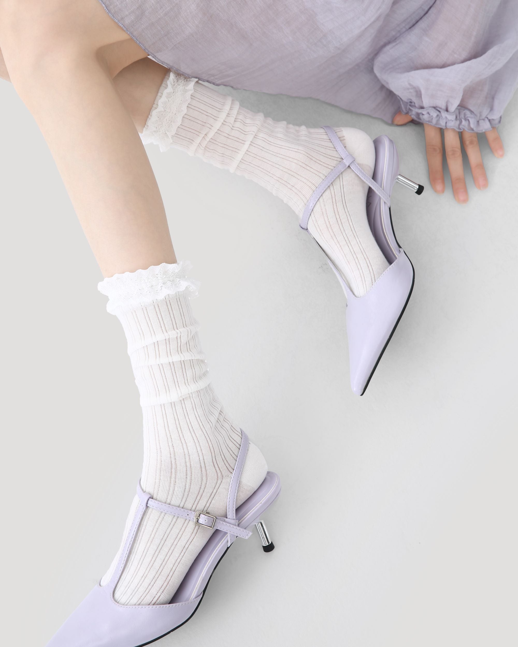 Womens Crew Socks White Lace Ruffle Mesh Ribbed Everyday Combed Cotton