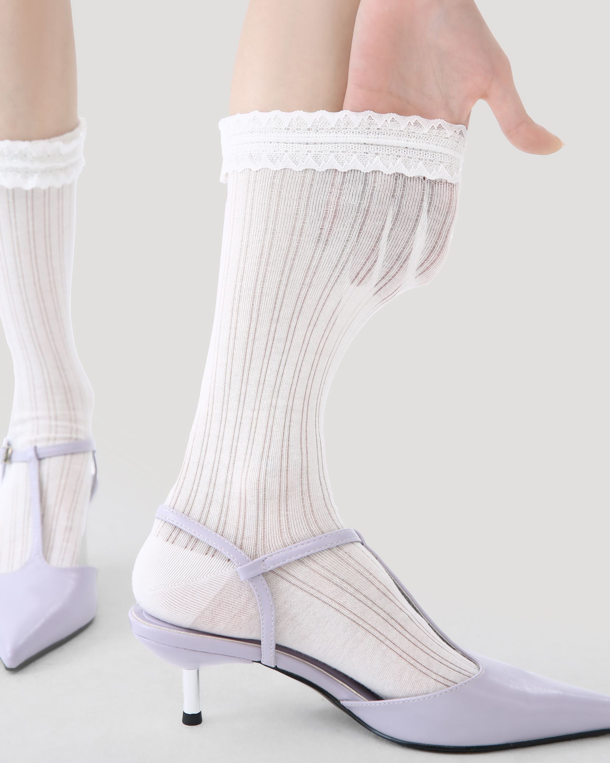 Womens Crew Socks White Lace Ruffle Mesh Ribbed Everyday Combed Cotton