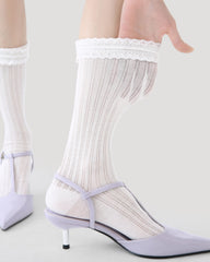 Womens Crew Socks White Lace Ruffle Mesh Ribbed Everyday Combed Cotton