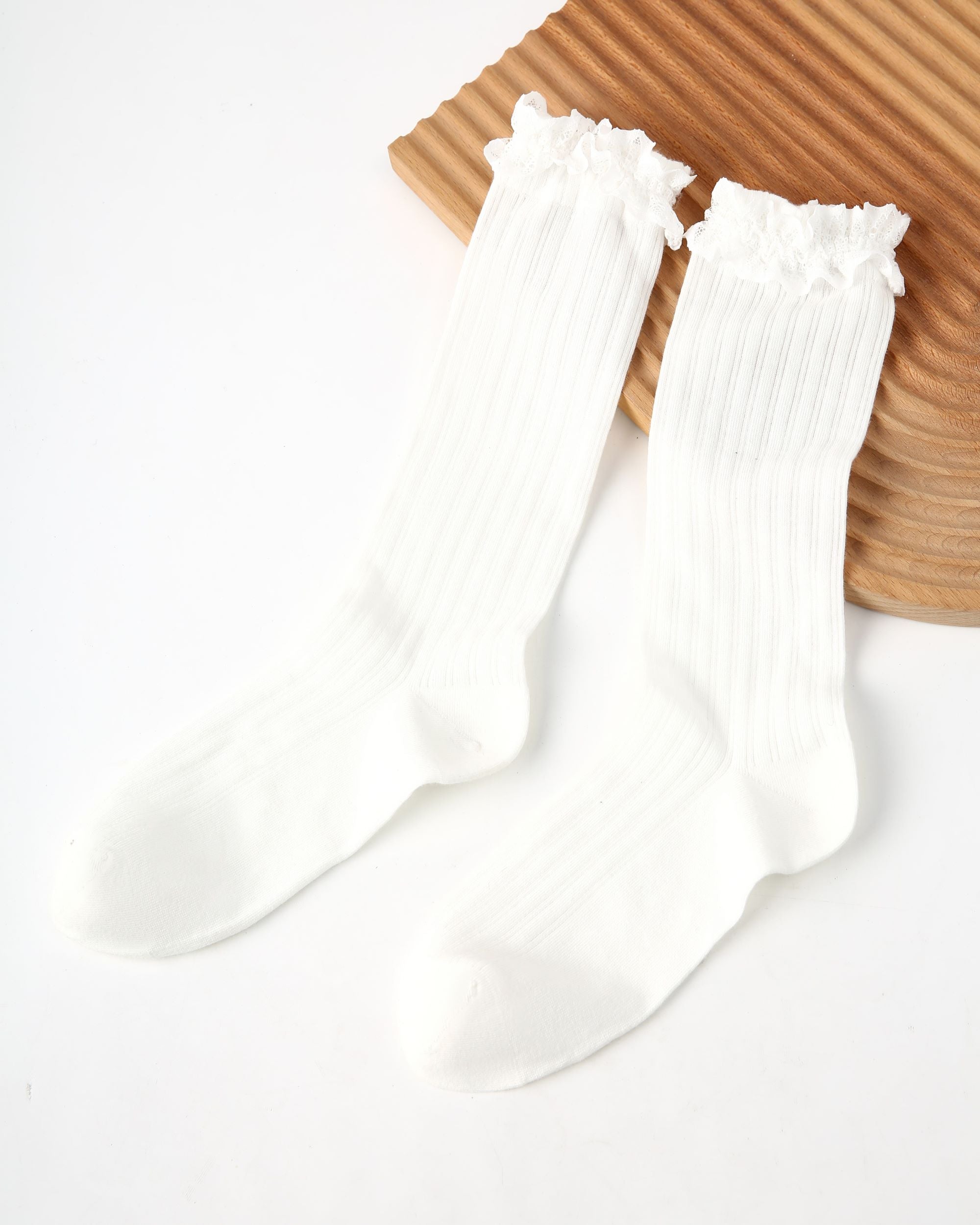 Womens Crew Socks White Lace Ruffle Mesh Ribbed Everyday Combed Cotton
