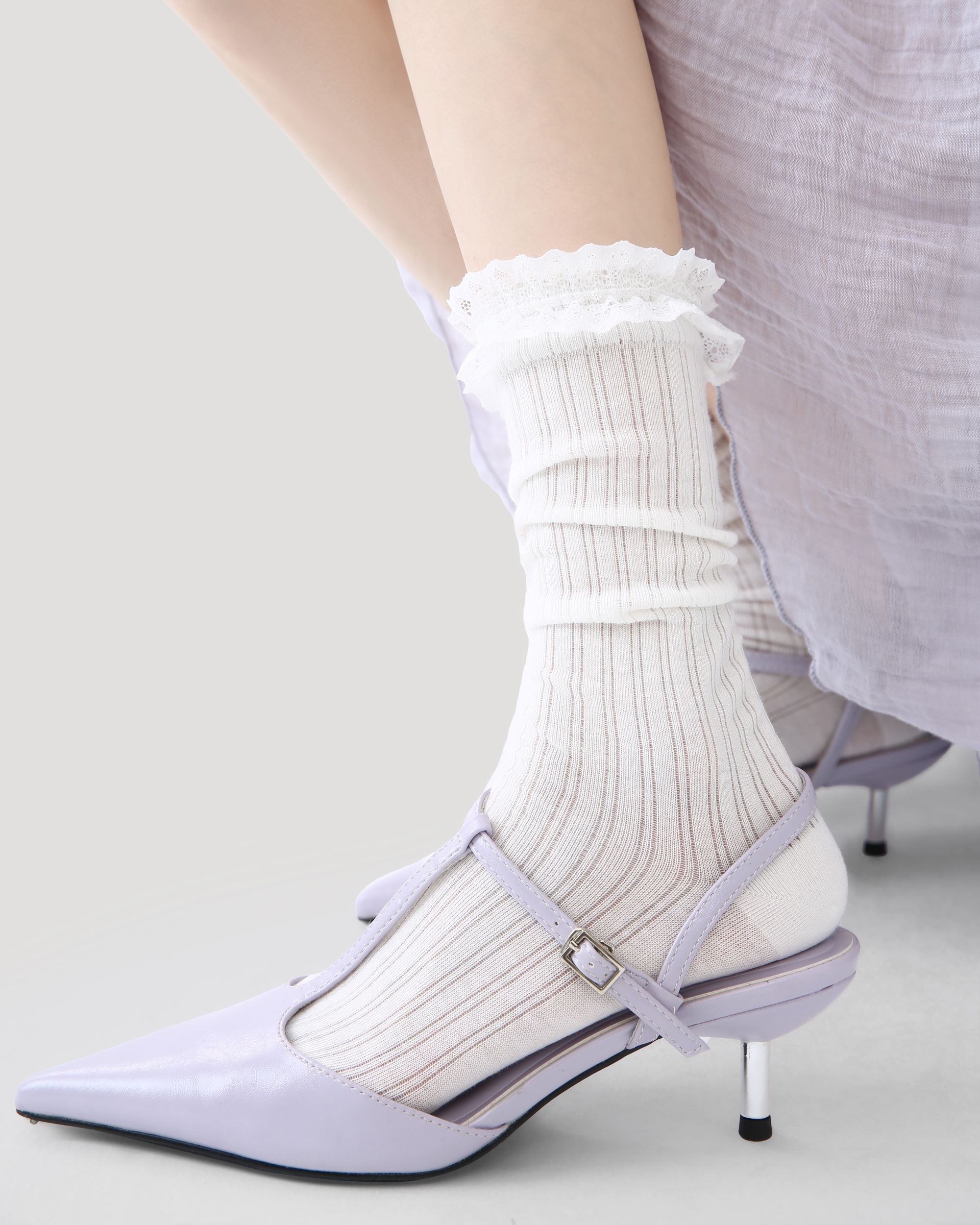 Womens Crew Socks White Lace Ruffle Mesh Ribbed Everyday Combed Cotton