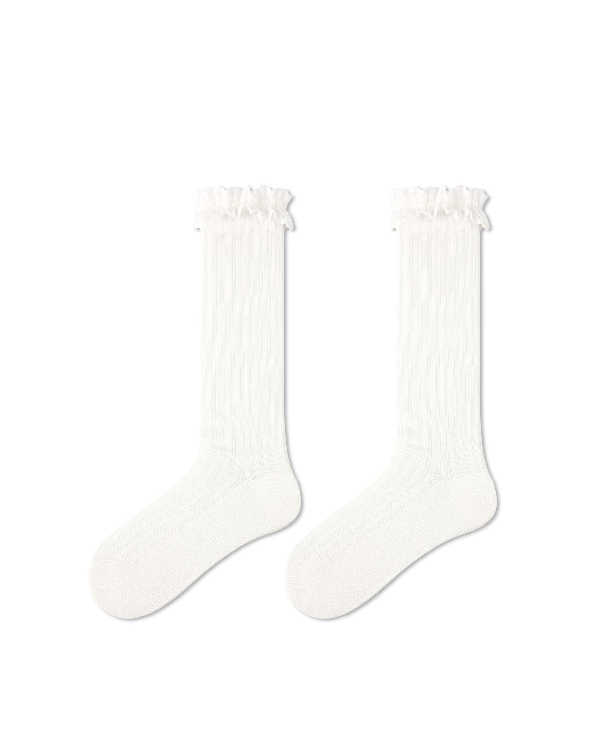 Womens Crew Socks White Lace Ruffle Mesh Ribbed Everyday Combed Cotton