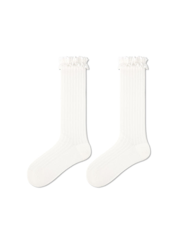 Womens Crew Socks White Lace Ruffle Mesh Ribbed Everyday Combed Cotton