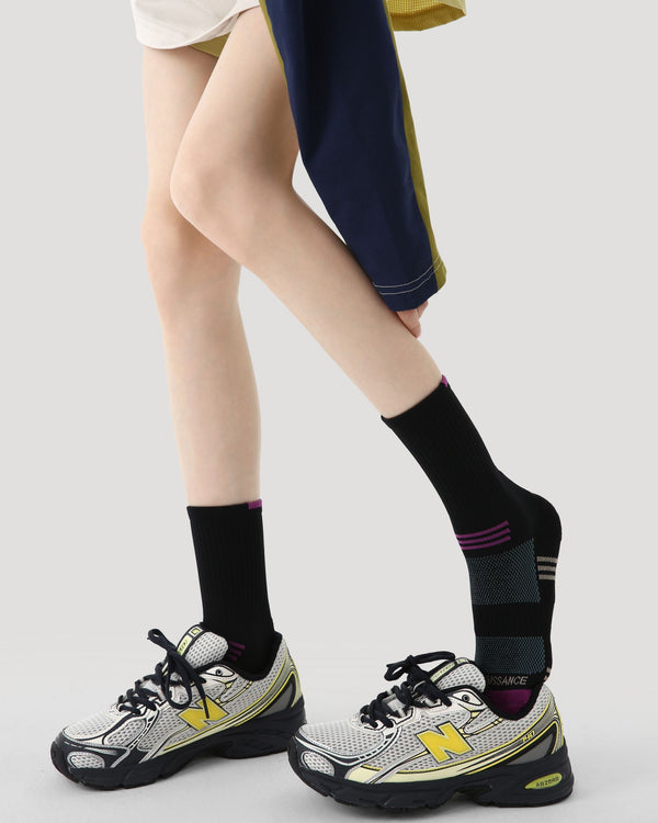 Womens Crew Thin Sports Compression Socks Cushioned Sole Black - SWEET NANA