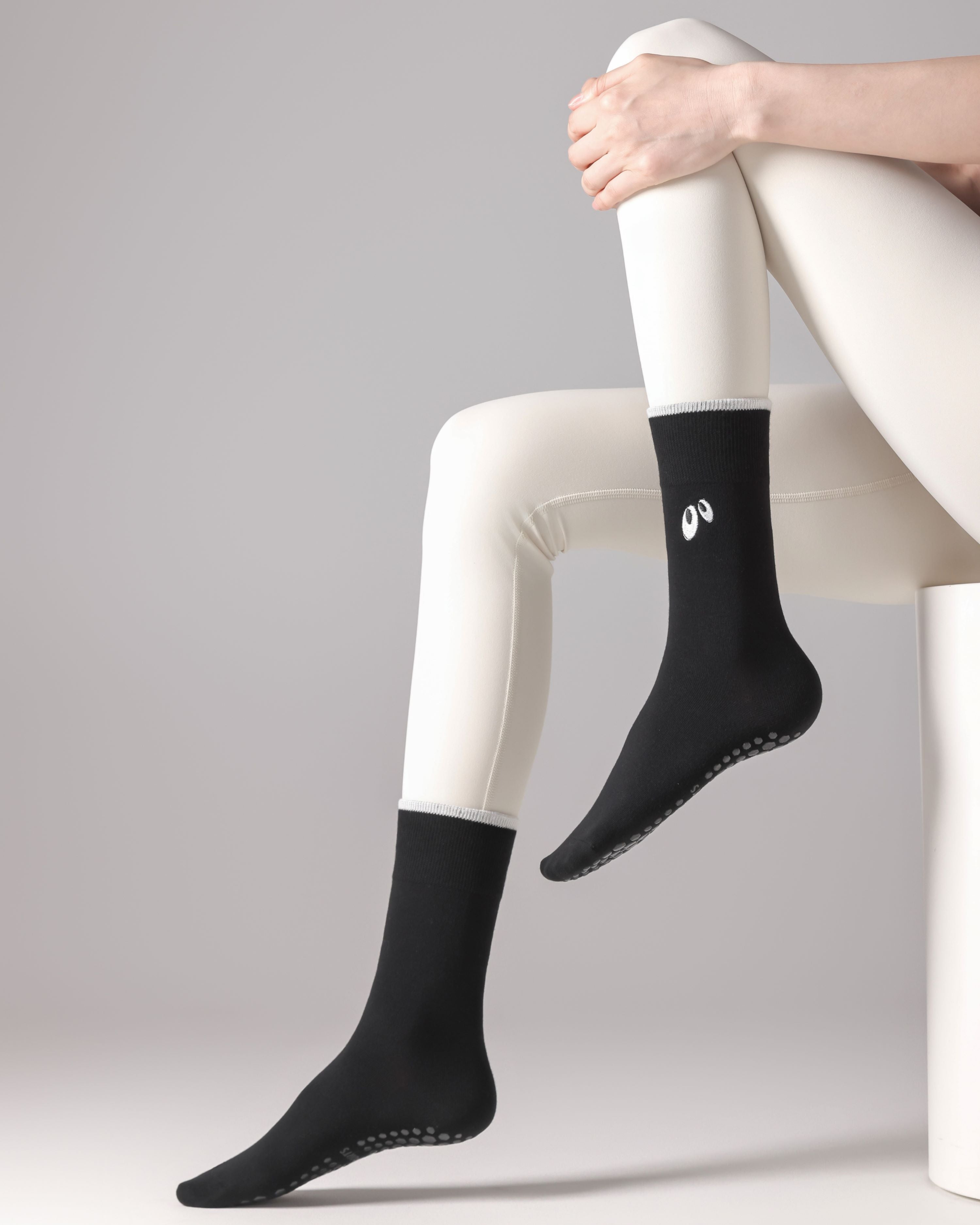 Womens Cute Eye Crew Yoga Socks Non Slip Combed Cotton Color Block