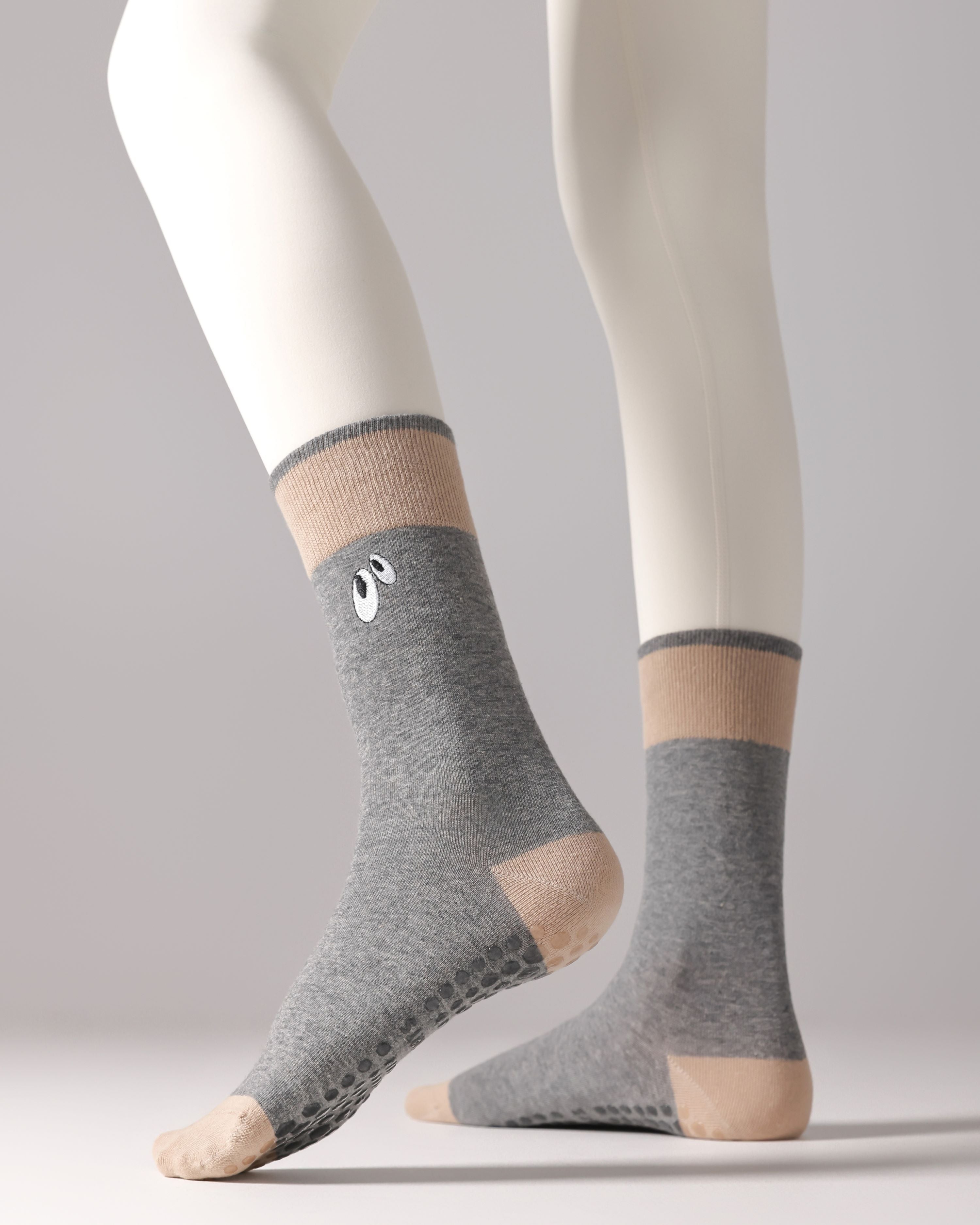 Womens Cute Eye Crew Yoga Socks Non Slip Combed Cotton Color Block