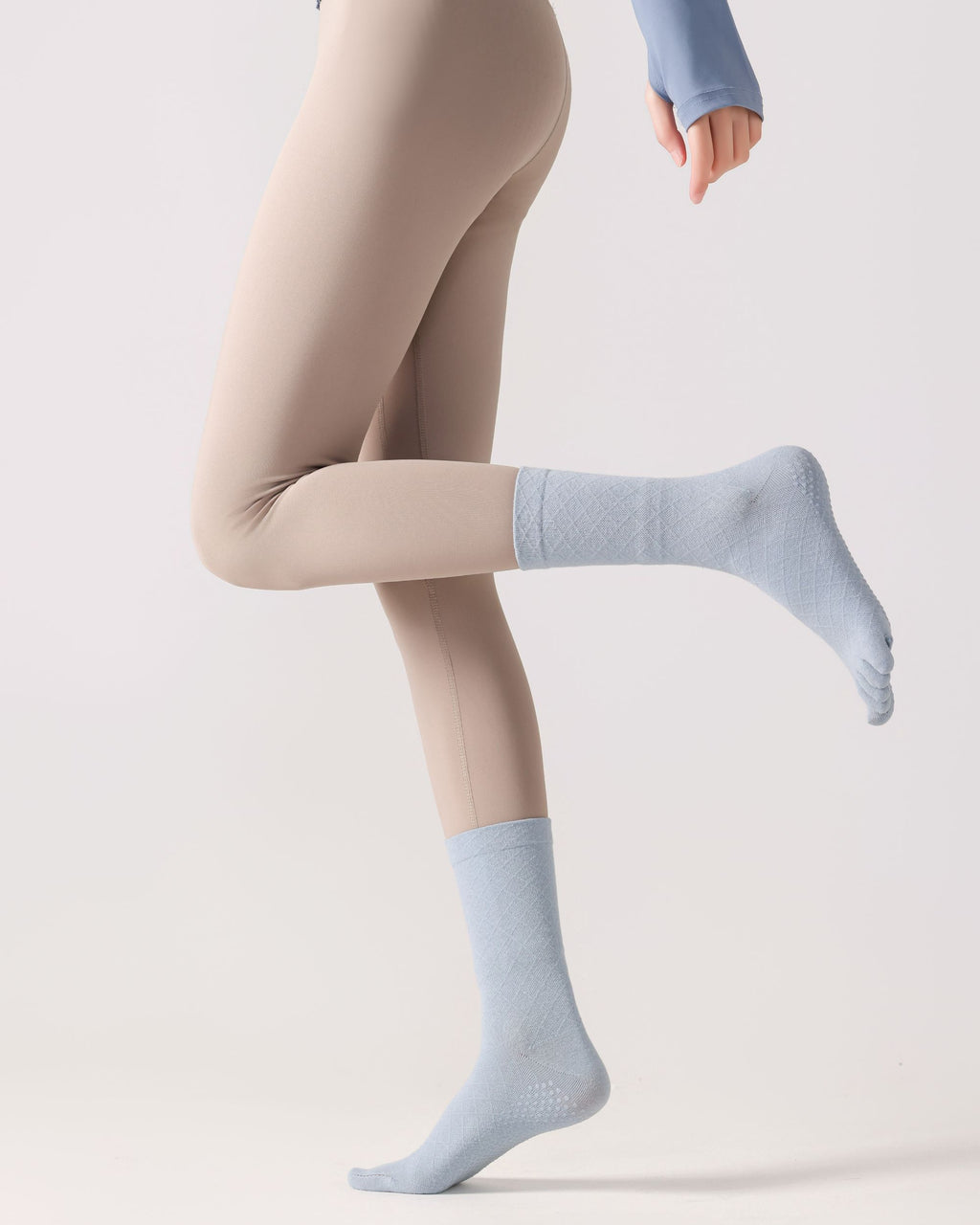 Womens Five Toe Crew Socks Diamond Pattern Grip Non Slip Ribbed Combed Cotton