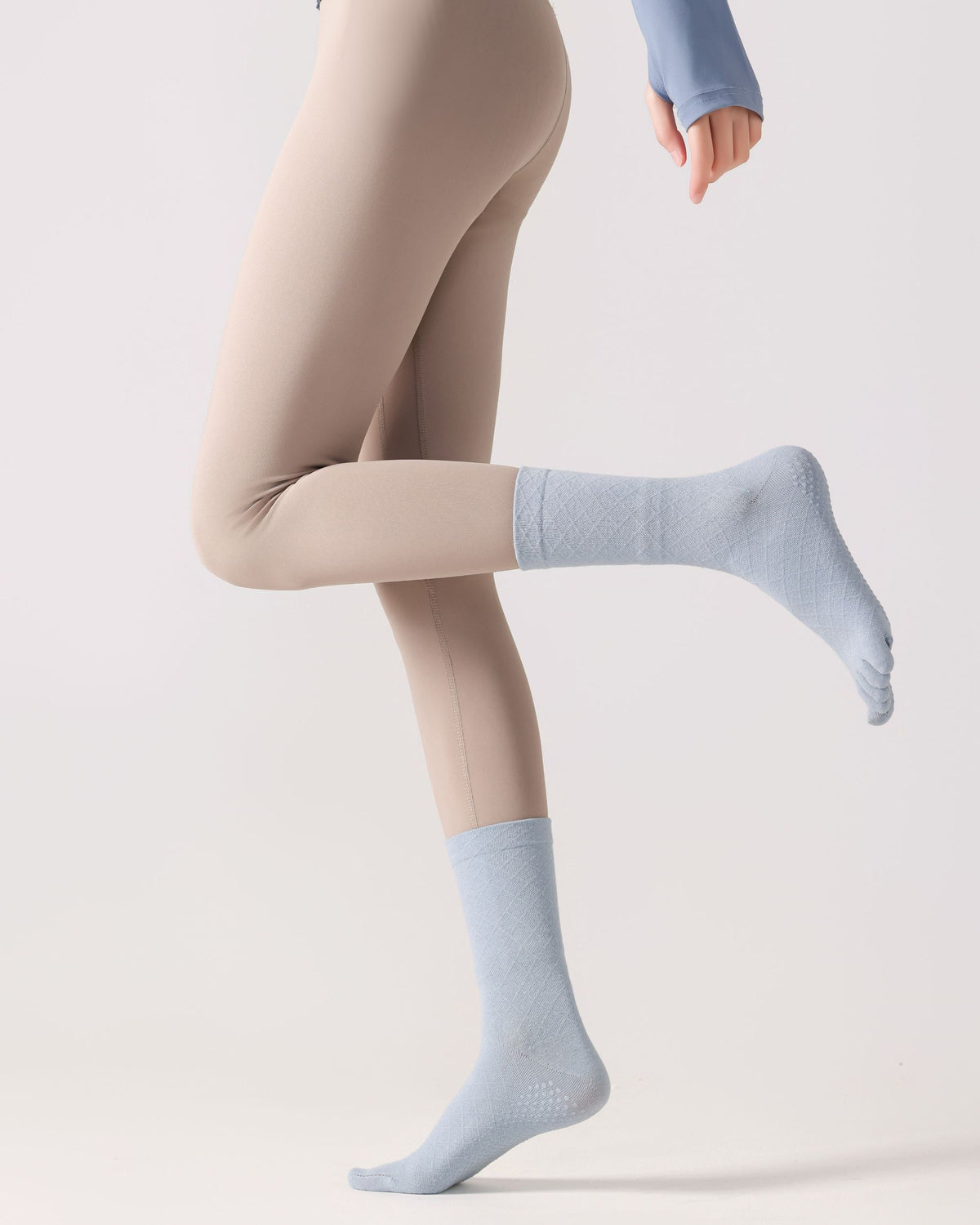 Womens Five Toe Crew Socks Diamond Pattern Grip Non Slip Ribbed Combed Cotton