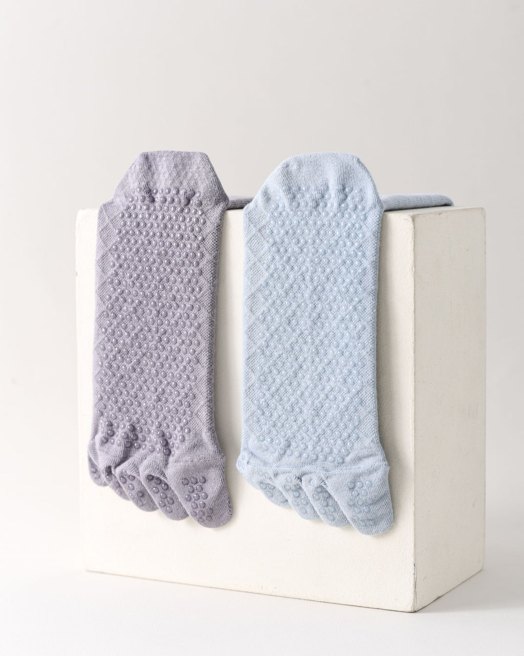 Womens Five Toe Crew Socks Diamond Pattern Grip Non Slip Ribbed Combed Cotton