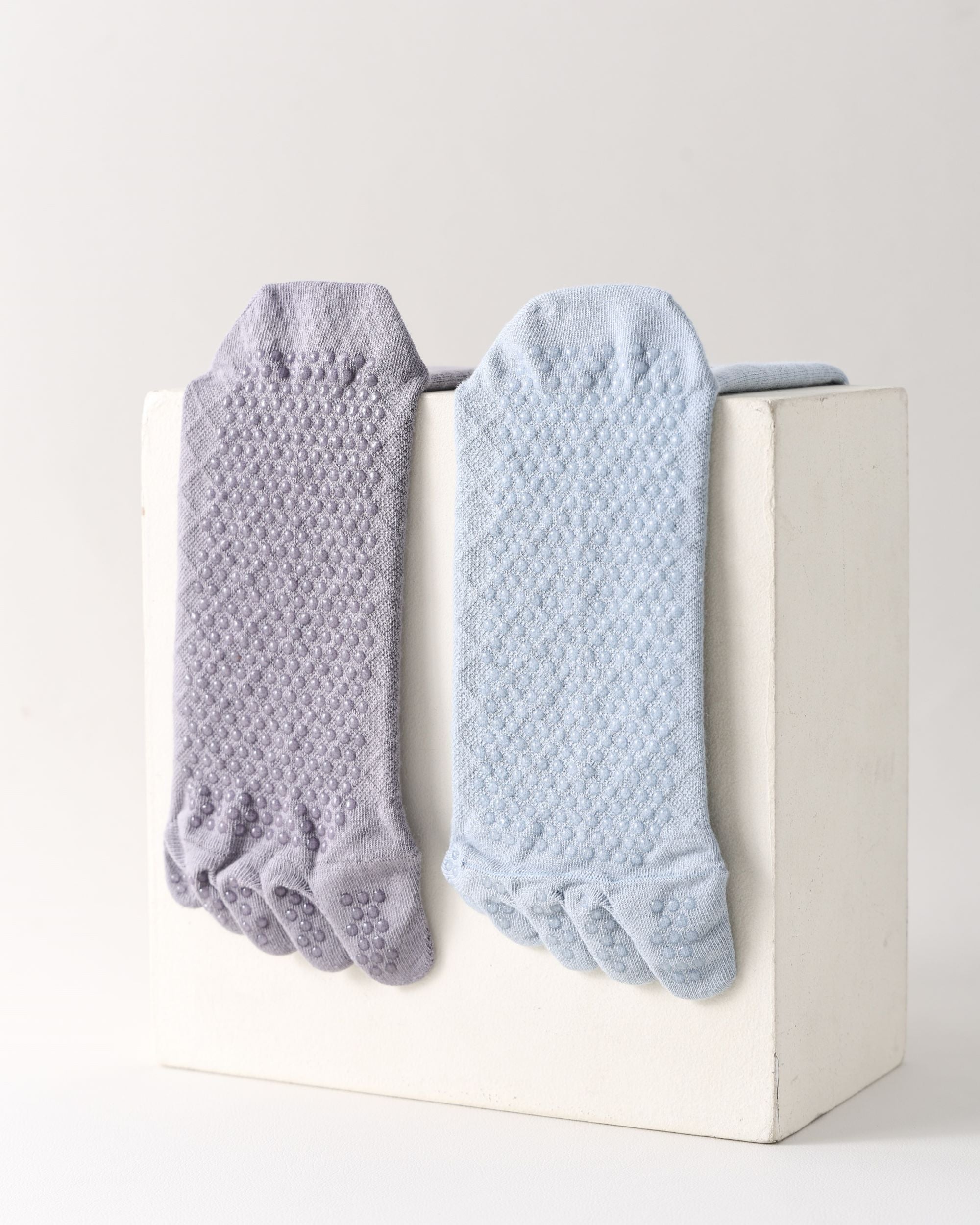 Womens Five Toe Crew Socks Diamond Pattern Grip Non Slip Ribbed Combed Cotton