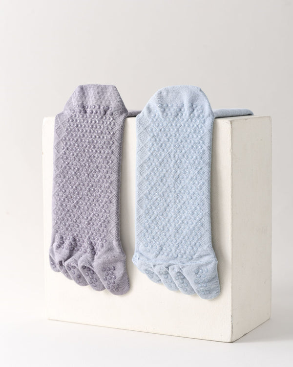 Womens Five Toe Crew Socks Diamond Pattern Grip Non Slip Ribbed Combed Cotton