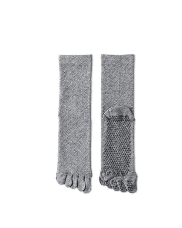 Womens Five Toe Crew Socks Diamond Pattern Grip Non Slip Ribbed Combed Cotton