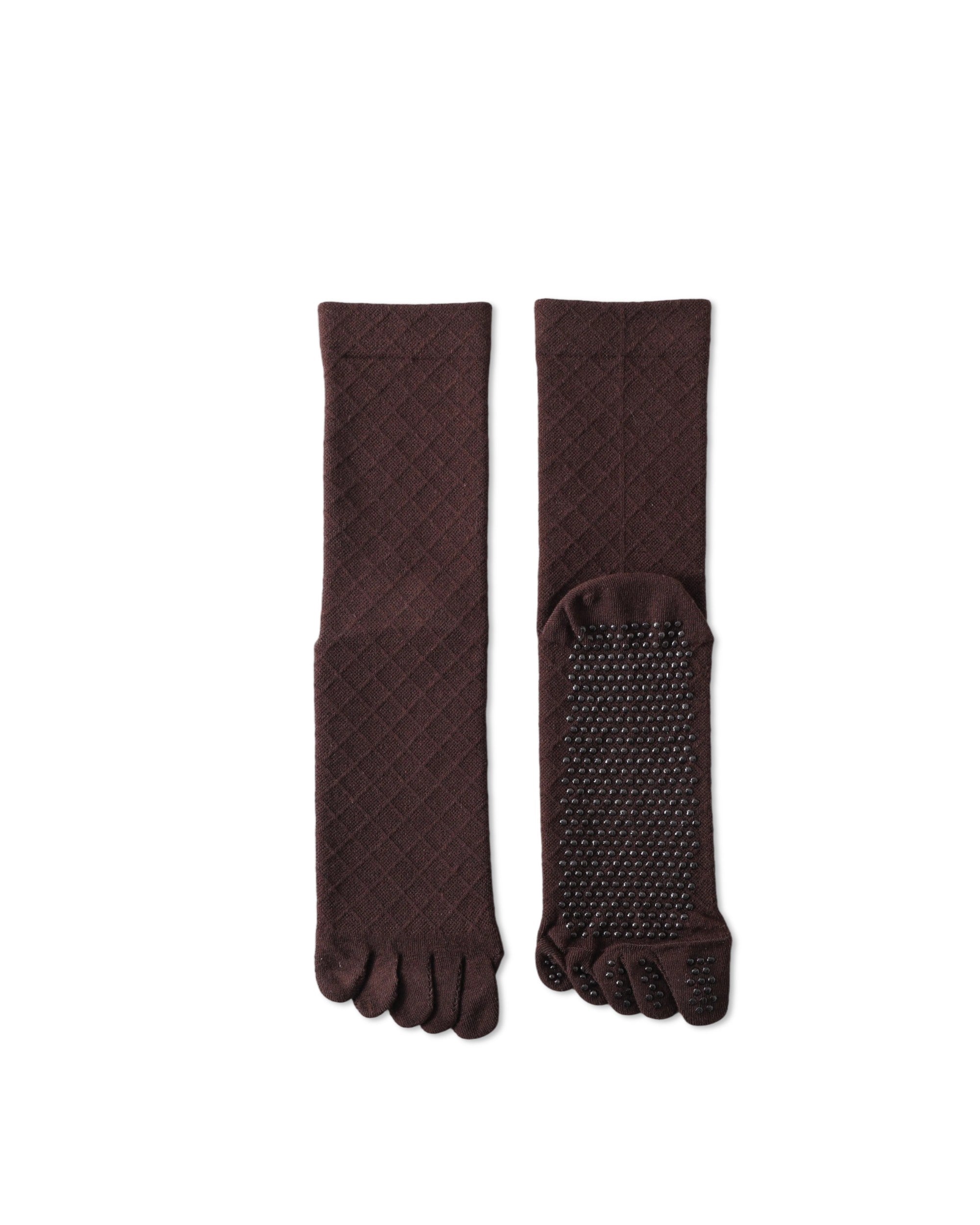 Womens Five Toe Crew Socks Diamond Pattern Grip Non Slip Ribbed Combed Cotton