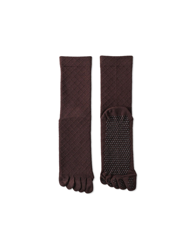 Womens Five Toe Crew Socks Diamond Pattern Grip Non Slip Ribbed Combed Cotton