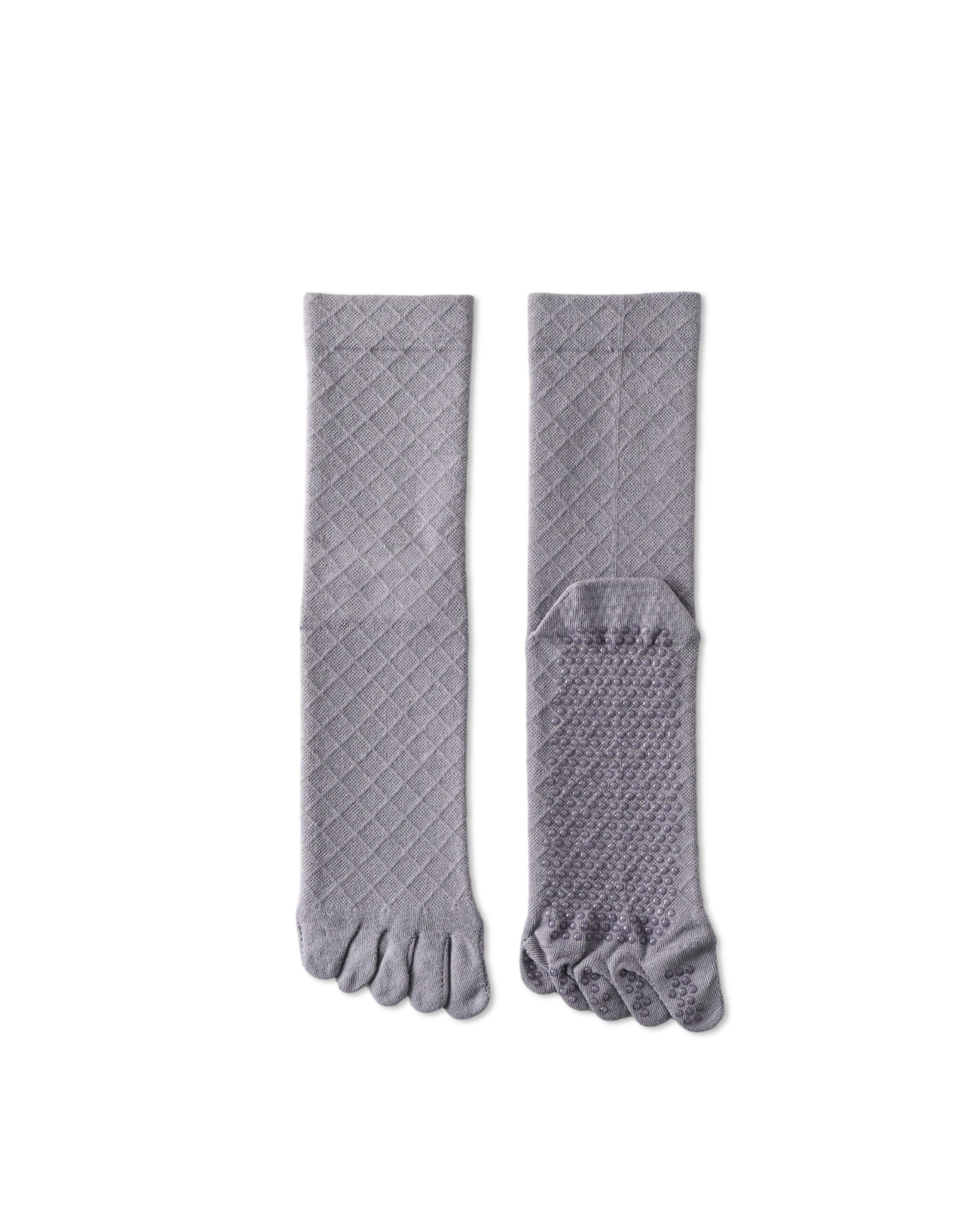 Womens Five Toe Crew Socks Diamond Pattern Grip Non Slip Ribbed Combed Cotton