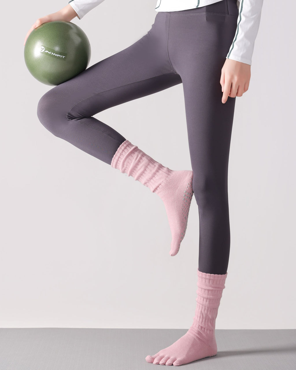 Womens Five Toe Crew Socks Yoga Grip Non Slip Ribbed Slouchy Combed Cotton
