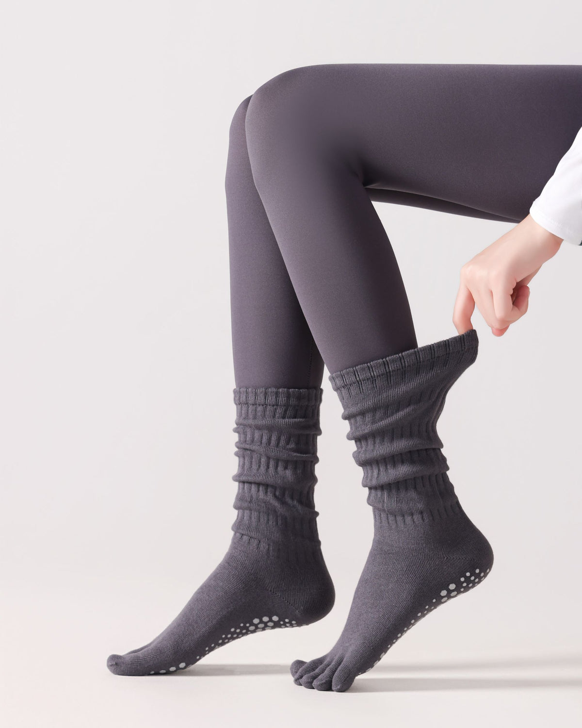 Womens Five Toe Crew Socks Yoga Grip Non Slip Ribbed Slouchy Combed Cotton