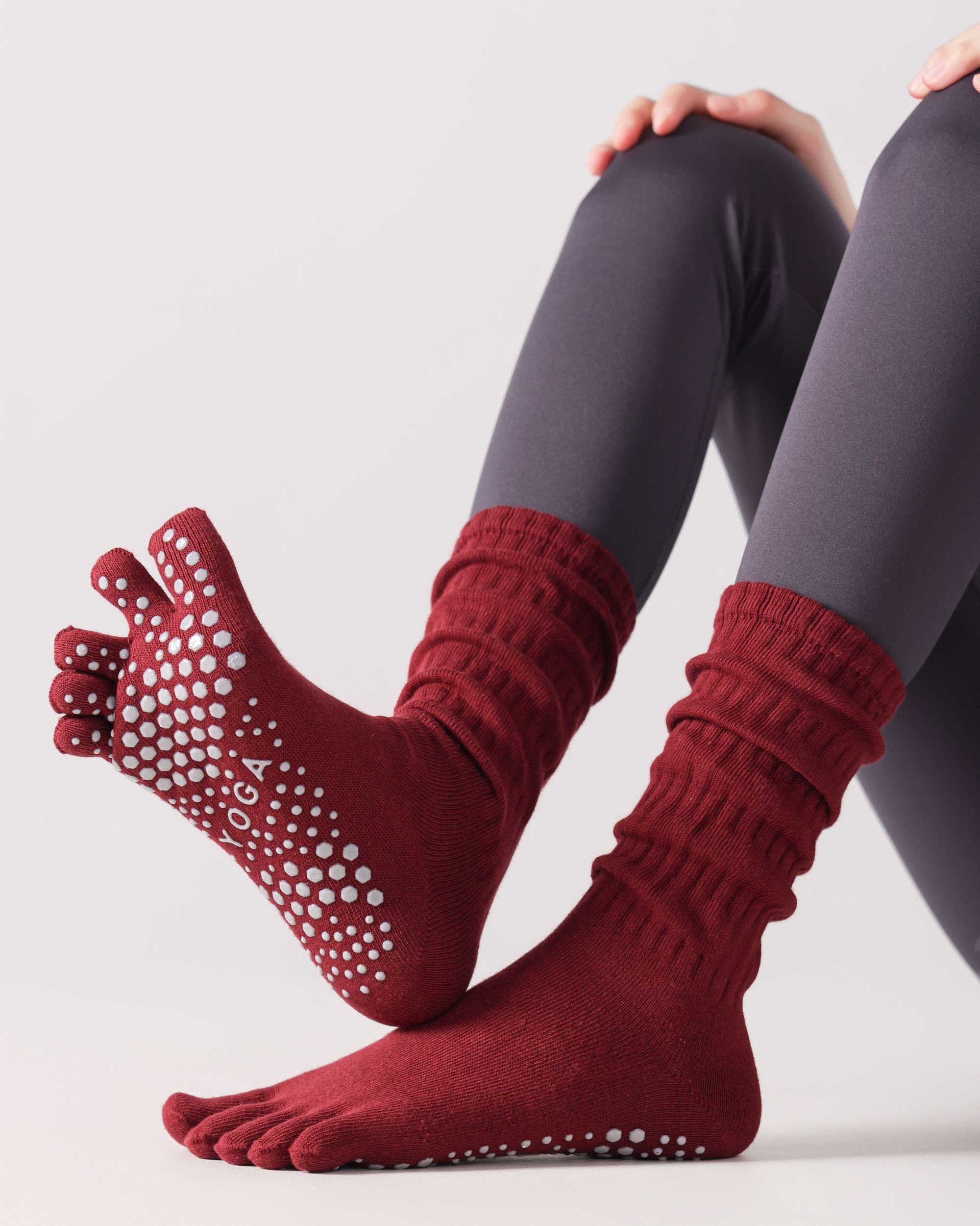 Womens Five Toe Crew Socks Yoga Grip Non Slip Ribbed Slouchy Combed Cotton