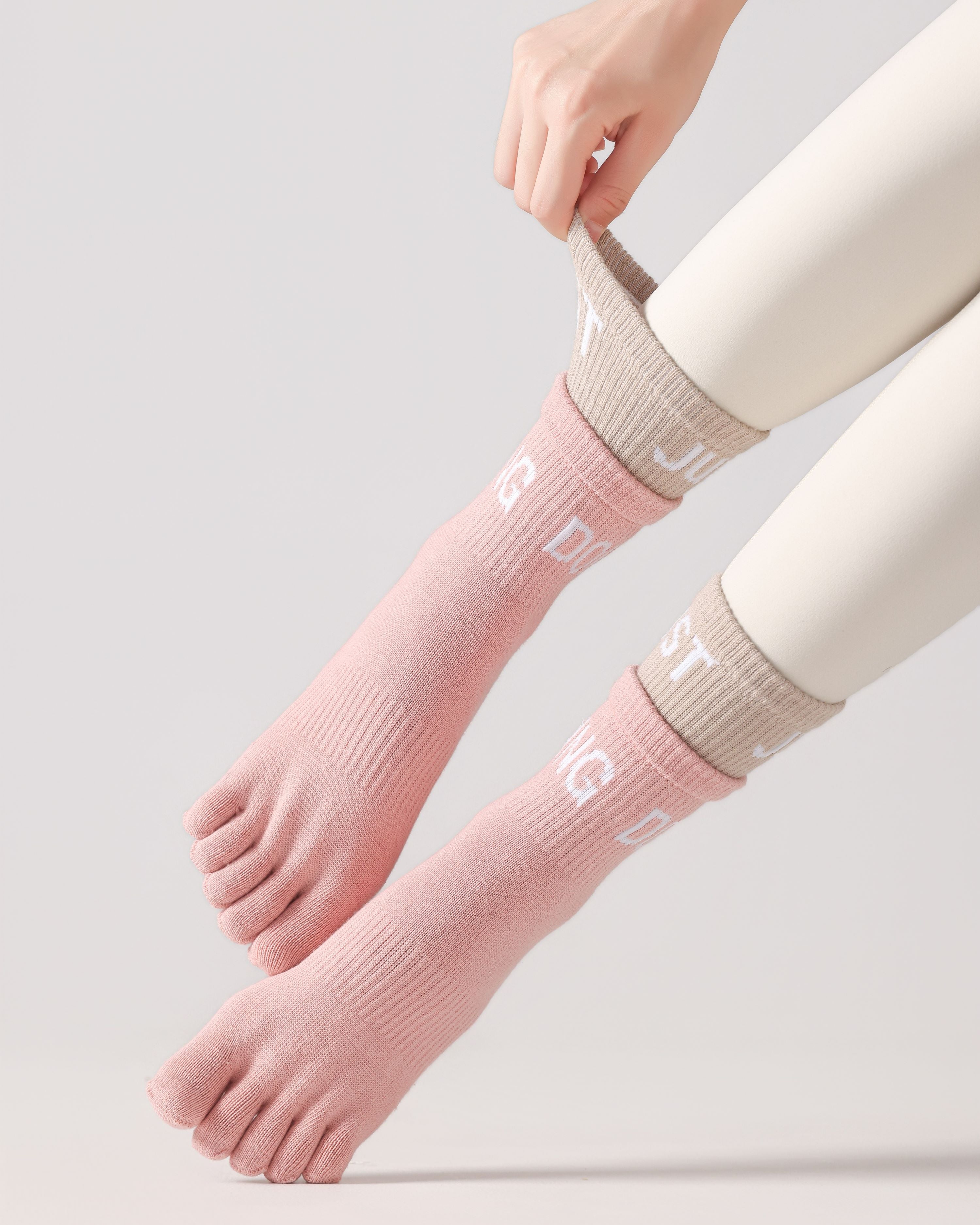 Womens Five Toe Yoga Socks Double Cuff Color Block Crew Non Slip