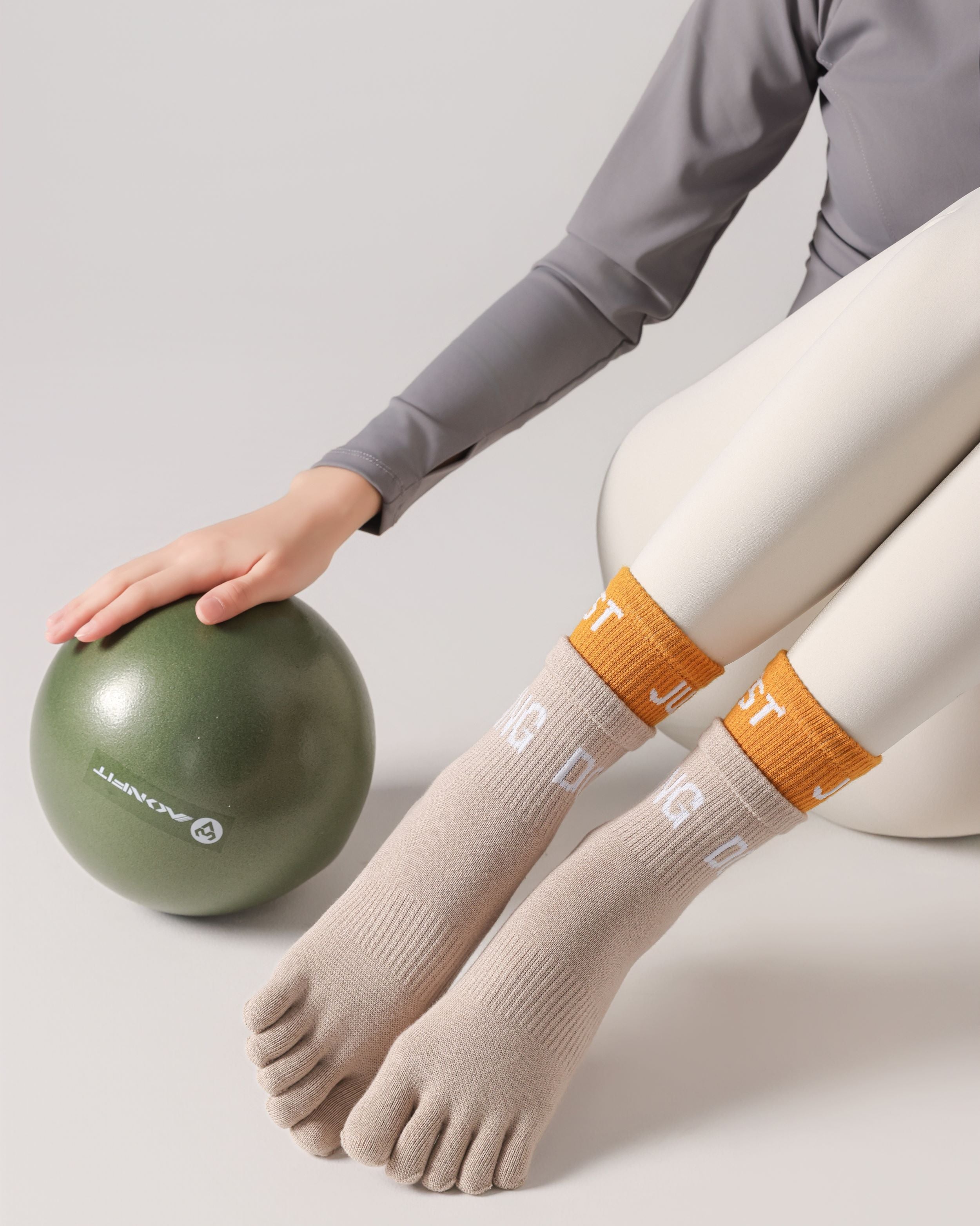 Womens Five Toe Yoga Socks Double Cuff Color Block Non Slip Crew