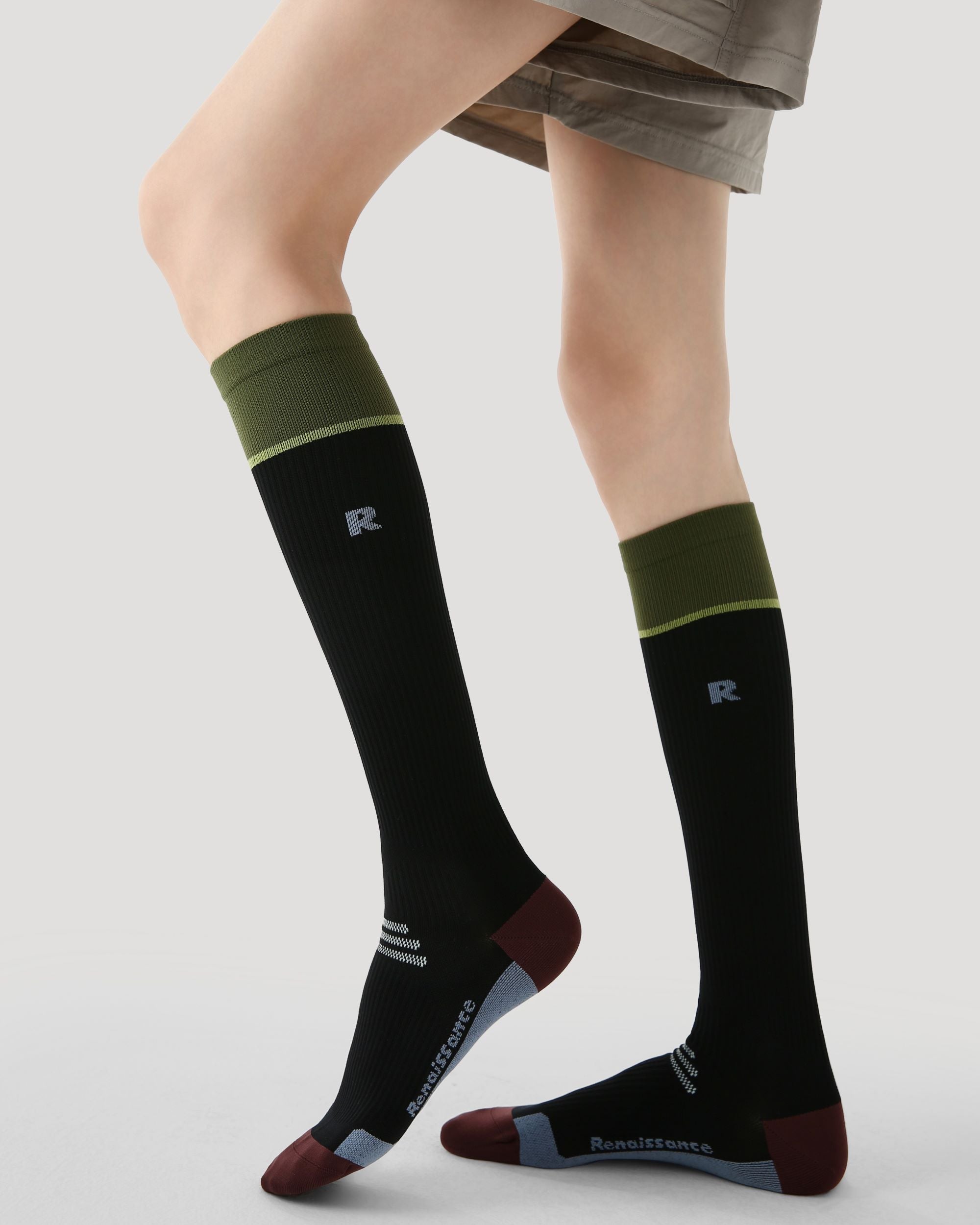 Womens Knee High Micro Pressure Thin Sports Compression Socks Black Green