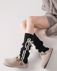 レディース ニーハイ ソックス リボン付き リブ編み ニット 暖かくスタイリッシュなレッグウォーマー