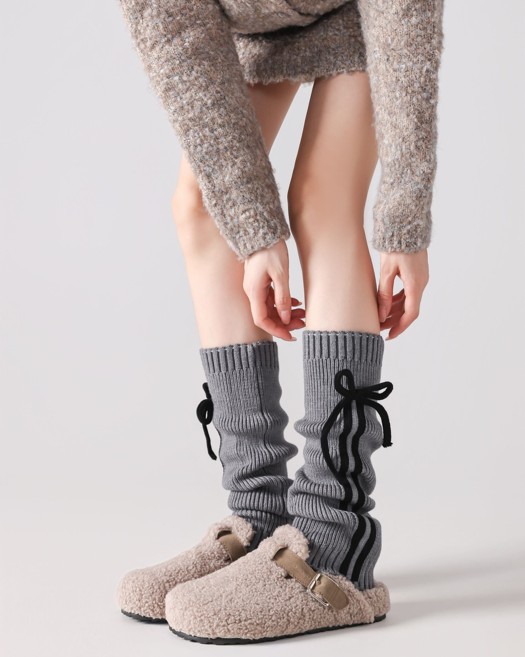 レディース ニーハイ ソックス リボン付き リブ編み ニット 暖かくスタイリッシュなレッグウォーマー